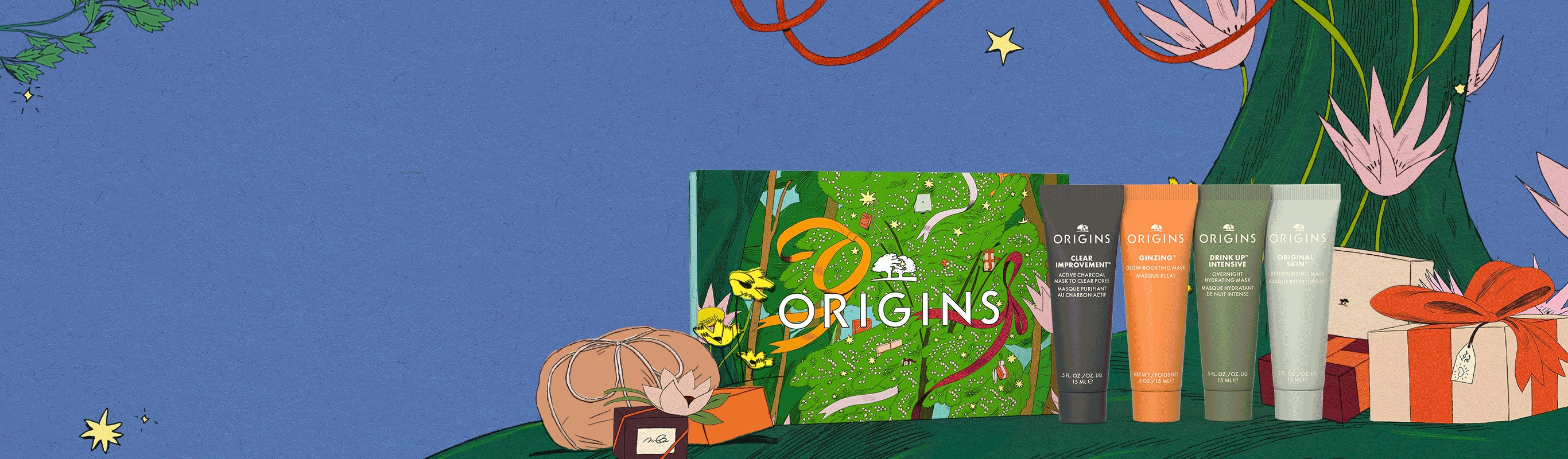 Selection of Origins skincare products in a brightly lit, orange setting, in front of product ingredients