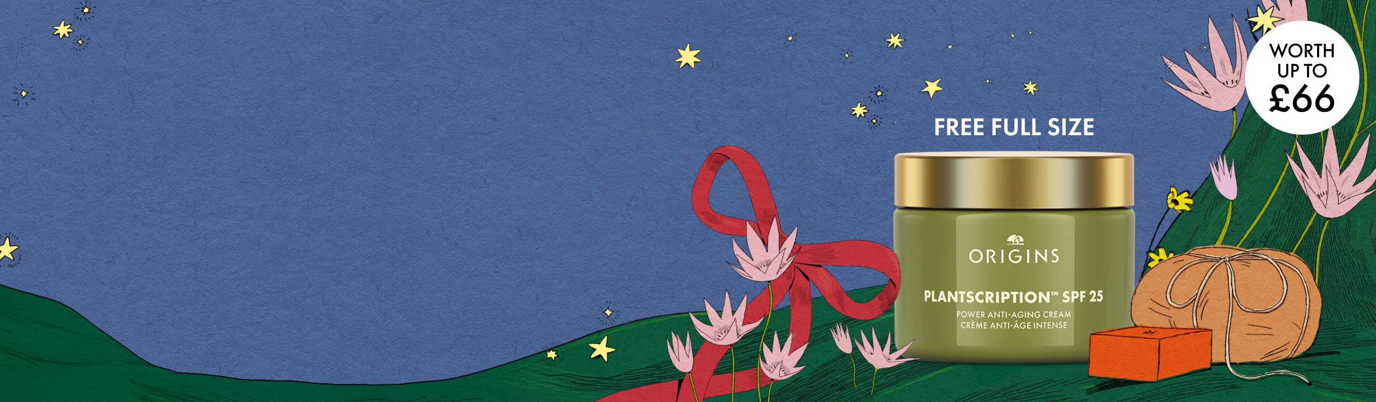 Selection of Origins products in a bright blue, illustrated setting