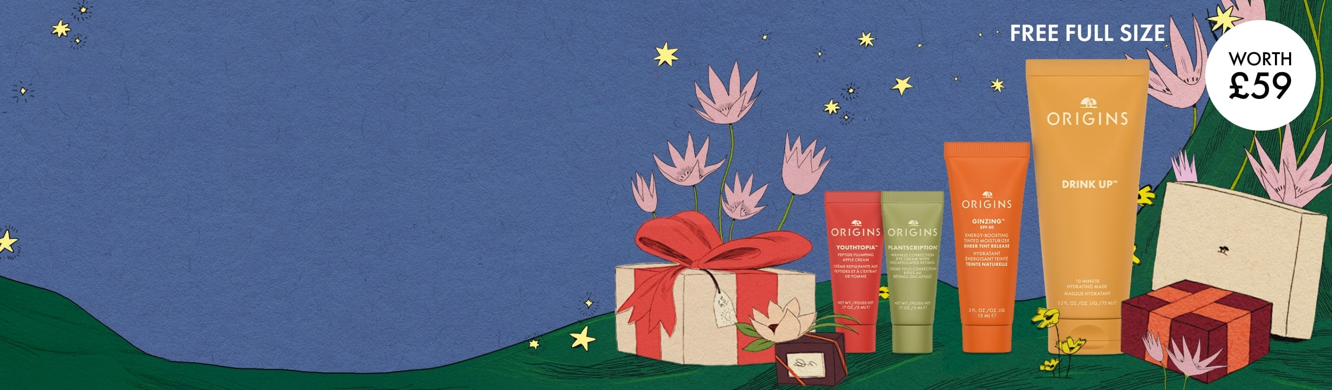 Selection of Origins minis on a soft grey concrete plinth, in a bright setting