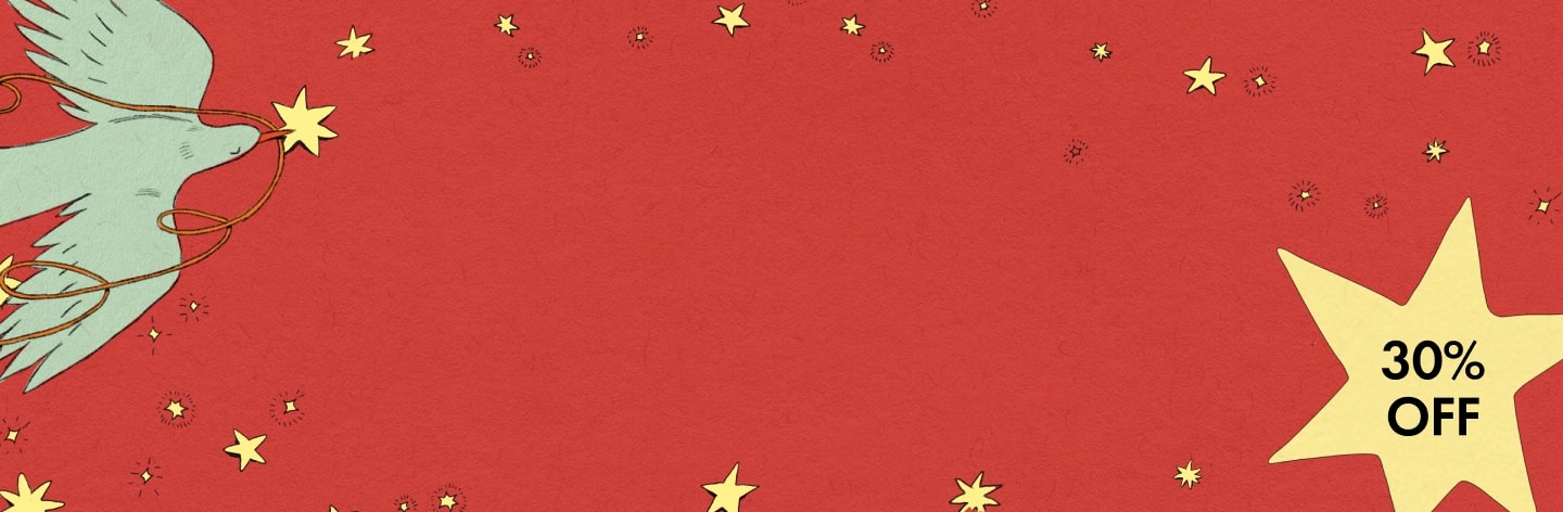 Dark night sky background image with festive illustrations, including stars, ribbons and presents