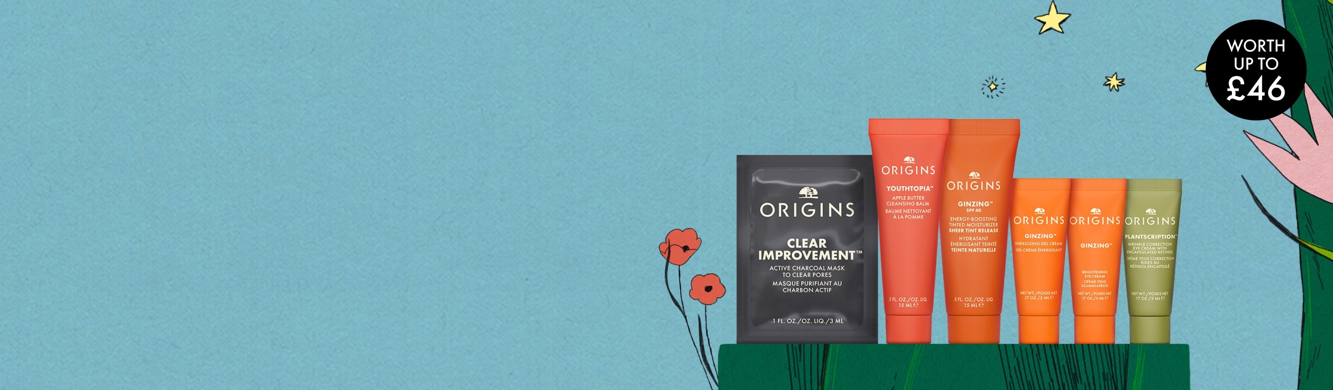 Selection of Origins minis on a soft grey concrete plinth, in a bright setting